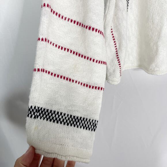 Hem & Thread Medium M White Striped Sleeve Scoop Neck Sweater Red Black Cotton - Picture 7 of 10